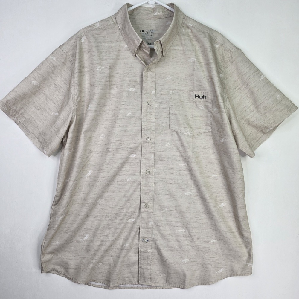 Huk‎ Performance Men's XL Woven Teaser Short Sleeve Fish AOP Shirt-Bone/Brown - Picture 2 of 9